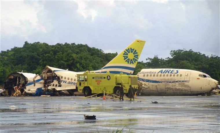 A plane that crashed on landing broke into three pieces at the airport on San Andres island in Colombia on Monday.